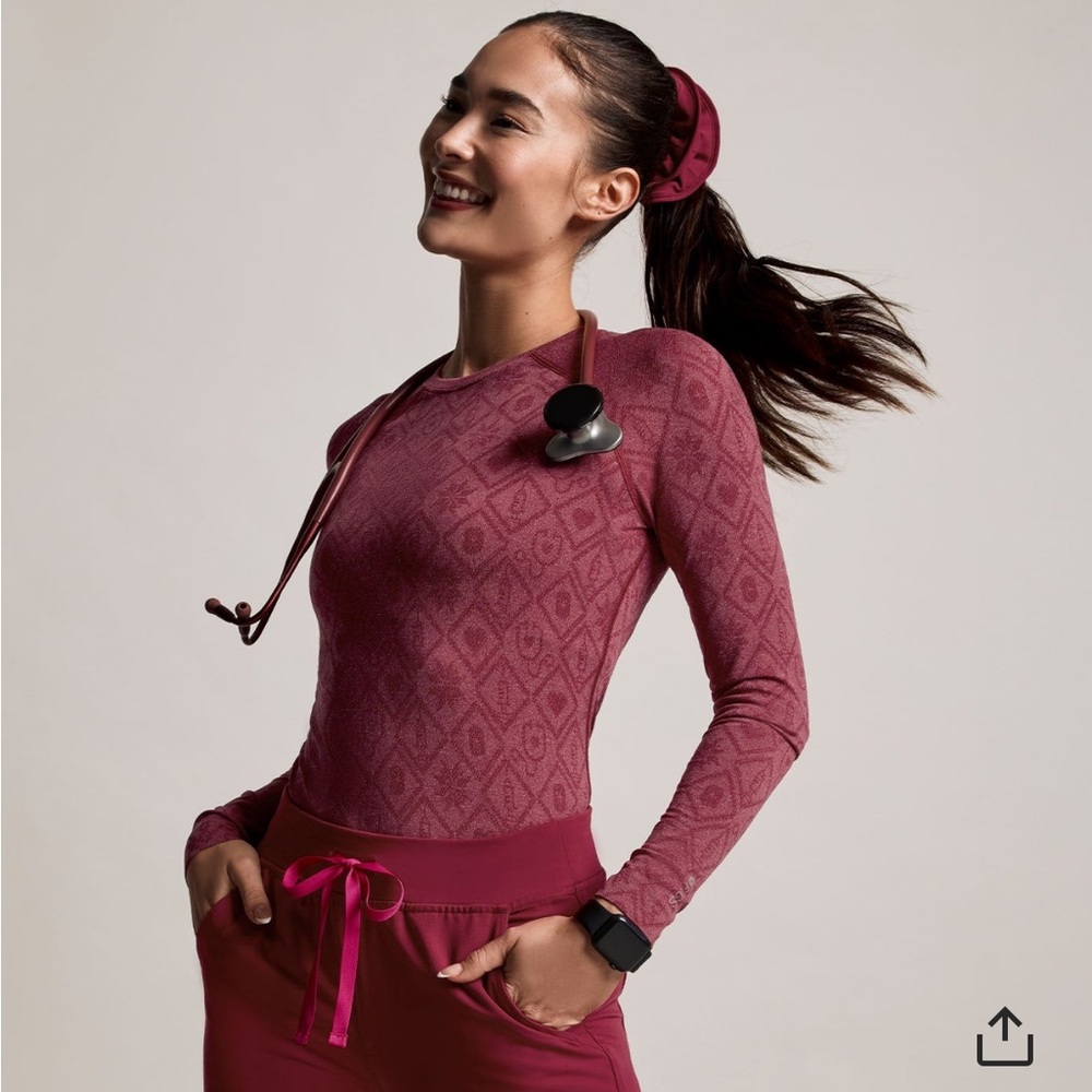 FIGS deep cranberry isle salta long sleeve underscrub
